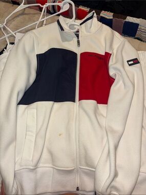 Vintage Tommy Hilfiger White Fleece Jacket with Navy & Red Panels